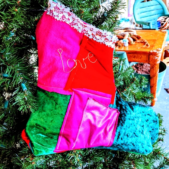 Santa's Boot Christmas Stocking Velvet Lace Denim OOAK Handmade Cabin Boho - Picture 1 of 9